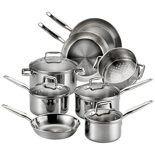 테팔 [아마존베스트]T-fal Stainless Steel Cookware, Multi-Clad, Dishwasher Safe and Oven Safe Cookware Set, Tri-Ply Bonded, 12-Piece, Silver, Model E469SC