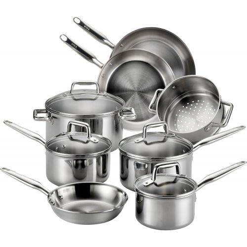 테팔 [아마존베스트]T-fal Stainless Steel Cookware, Multi-Clad, Dishwasher Safe and Oven Safe Cookware Set, Tri-Ply Bonded, 12-Piece, Silver, Model E469SC