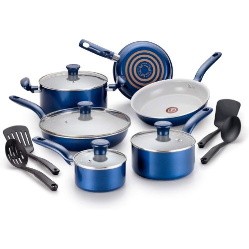  T-fal G918SE64 Initiatives Ceramic Thermo-Spot Heat Indicator Dishwasher Oven Safe Toxic Free Cookware Set, 14-Piece, Blue