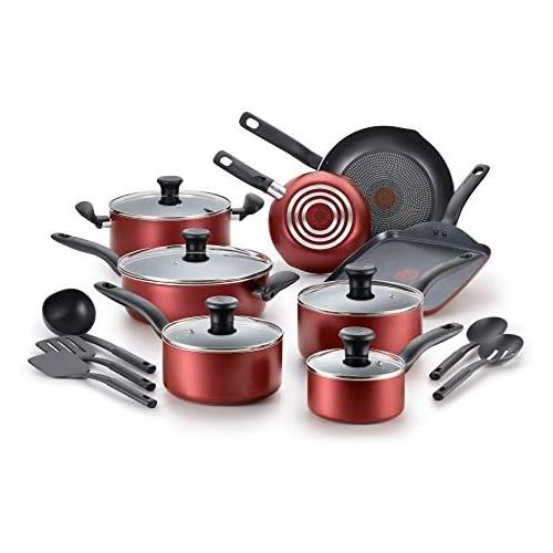  T-fal, Dishwasher Safe Cookware Set, 18 Piece, Red Initiatives Nonstick Inside