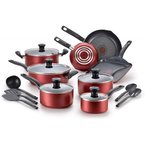  T-fal, Dishwasher Safe Cookware Set, 18 Piece, Red Initiatives Nonstick Inside