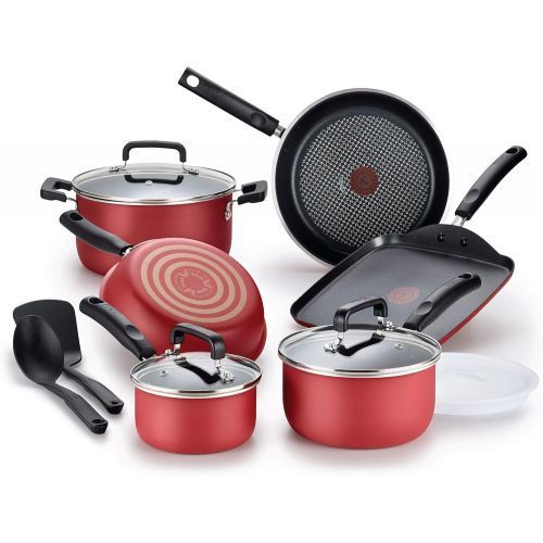  T-fal Signature Titanium Advancend Nonstick Pots and Pans Cookware Set, 12 Piece, Red