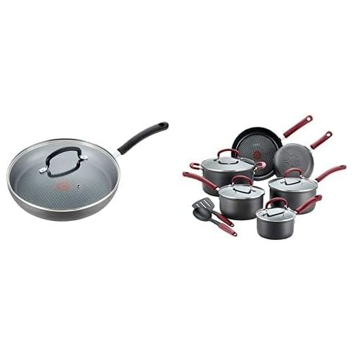  T-fal B004SC63 Ultimate Hard Anodized Cookware Set, 12-Piece, Red AND E76598 Ultimate Hard Anodized Nonstick 12 Inch Fry Pan with Lid, Dishwasher Safe Frying Pan, Black