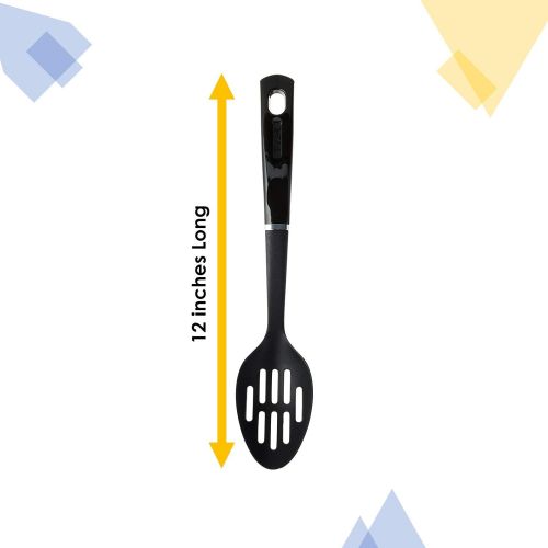  T-fal Slotted Spoon Large Size Nylon Server 12-inch Long Heat Resistant Spoon For Straining Pasta, Rice And Noodle - Kitchen Serving Slotted Spoon Black - Plastic Ergonomic