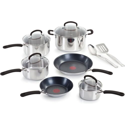  T-fal C774SC Stainless Steel with Thermo-Spot Heat Indicator Dishwasher Safe PFOA Free Cookware Set, 12-Piece, Silver