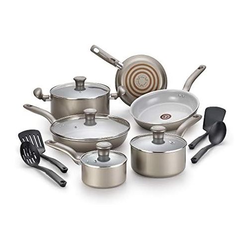  T-fal G919SE64 Initiatives Ceramic Nonstick Dishwasher Safe Toxic Free 14-Piece Cookware Set, Gold