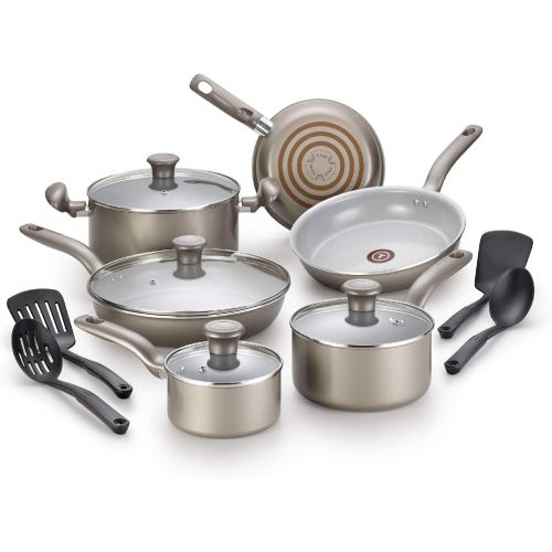  T-fal G919SE64 Initiatives Ceramic Nonstick Dishwasher Safe Toxic Free 14-Piece Cookware Set, Gold