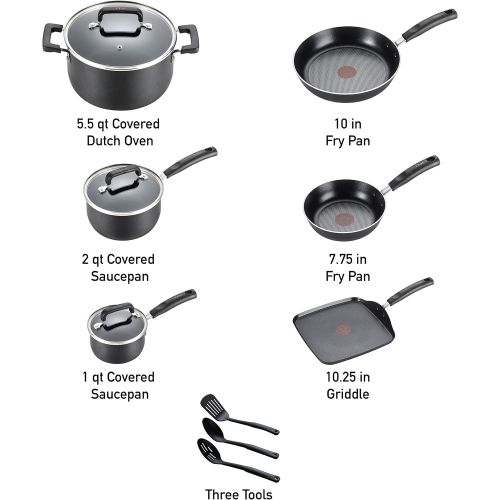  T-fal Signature Nonstick Dishwasher Safe Cookware Set, 12-Piece, Black