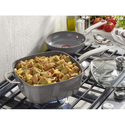  T-fal C41240 Endura Granite Ceramic Nonstick Thermo-Spot Heat Indicator Dishwasher Oven Safe PFOA Free Square Pan with Lid Cookware, 10.5-Inch, Gray