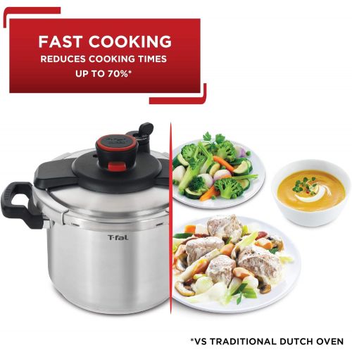  T-fal P45009 Clipso Stainless Steel Dishwasher Safe PTFE PFOA and Cadmium Free 12-PSI Pressure Cooker Cookware, 8-Quart, Silver - 7114000494