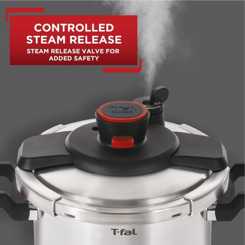  T-fal P45009 Clipso Stainless Steel Dishwasher Safe PTFE PFOA and Cadmium Free 12-PSI Pressure Cooker Cookware, 8-Quart, Silver - 7114000494