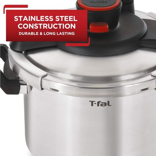  T-fal P45009 Clipso Stainless Steel Dishwasher Safe PTFE PFOA and Cadmium Free 12-PSI Pressure Cooker Cookware, 8-Quart, Silver - 7114000494