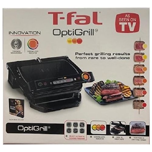 테팔 T-fal GC702853 OptiGrill Indoor Electric Grill with Removable and Dishwasher Safe Plates, 1800W, Black