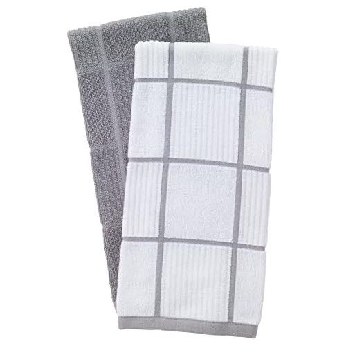  [아마존베스트]T-fal Textiles T-Fal Textiles 60954 2-Pack Solid & Check Parquet Design 100-Percent Cotton Kitchen Dish Towel, Gray, Solid/Check-2 Pack