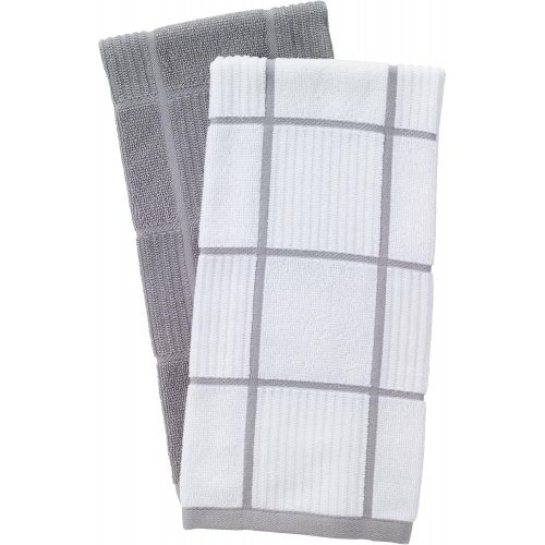  [아마존베스트]T-fal Textiles T-Fal Textiles 60954 2-Pack Solid & Check Parquet Design 100-Percent Cotton Kitchen Dish Towel, Gray, Solid/Check-2 Pack