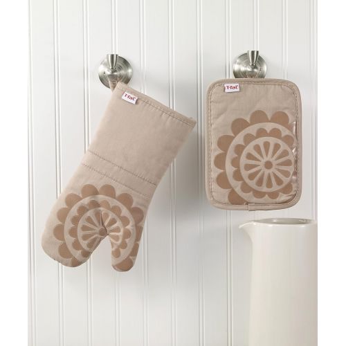  [아마존베스트]T-fal Textiles 50959 Medallion Design 100-Percent Cotton and Silicone Oven Thumb Mitt, Sand, Individual,