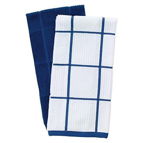  [아마존베스트]T-fal Textiles T-Fal Textiles 60918 2-Pack Solid & Check Parquet Design 100-Percent Cotton Kitchen Dish Towel, Blue, Solid/Check-2 Pack