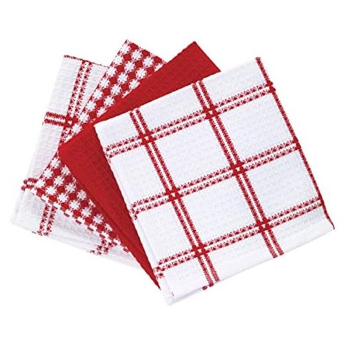  T-fal Textiles Cotton Flat Waffle Dish Cloth, Highly Absorbent, Machine Washable, 12 x 13, Red, 4-Pack