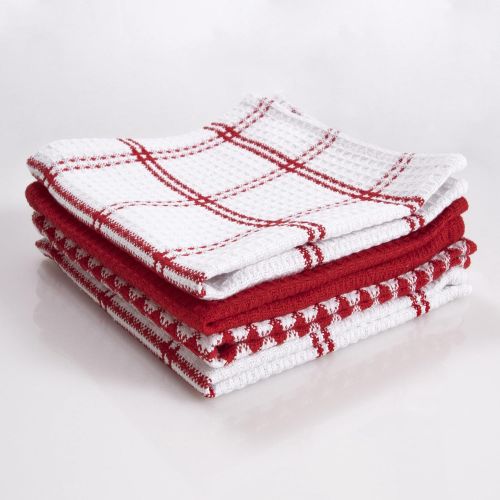  T-fal Textiles Cotton Flat Waffle Dish Cloth, Highly Absorbent, Machine Washable, 12 x 13, Red, 4-Pack