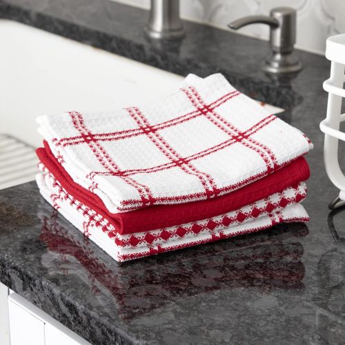  T-fal Textiles Cotton Flat Waffle Dish Cloth, Highly Absorbent, Machine Washable, 12 x 13, Red, 4-Pack