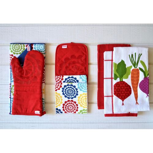  T-fal Textiles 50948 Medallion Design 100-Percent Cotton and Silicone Oven Thumb Mitt, Red, Individual