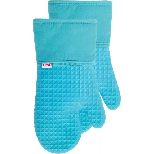  T-fal Textiles Waffle Silicone Oven Mitt Set, Softflex,Non-Slip Grip, Heat Resistant, 13-inches x 7-inches, 2 Pack, Breeze Blue