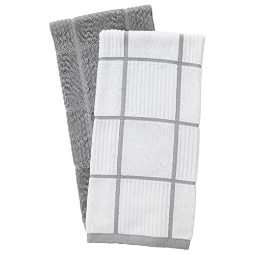  T-Fal Textiles 60954 2-Pack Solid & Check Parquet Design 100-Percent Cotton Kitchen Dish Towel, Gray, Solid/Check-2 Pack