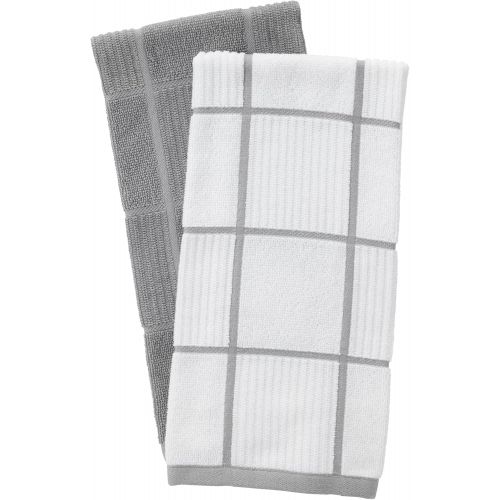  T-Fal Textiles 60954 2-Pack Solid & Check Parquet Design 100-Percent Cotton Kitchen Dish Towel, Gray, Solid/Check-2 Pack