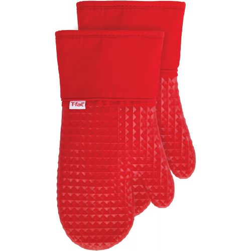  T-fal Textiles Waffle Silicone Oven Mitt Set, Softflex,Non-Slip Grip, Heat Resistant, 13-inches x 7-inches, 2 Pack, Red