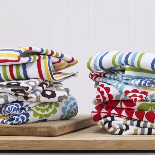  T-fal Textiles Highly Absorbent 100% Cotton Double Sided Printed Dish Cloths, 12 x 12, Set of 4, Striped Red/Multi Pattern