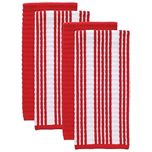  T-fal Textiles Solid & Stripes Waffle Terry Kitchen Towel Set, 100% Cotton, Highly Absorbent, Anti-Microbial, Oversized Kitchen Towels, Two Solid and Two Striped, 16 x 28, Red