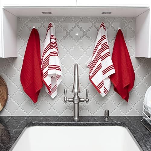  T-fal Textiles Solid & Stripes Waffle Terry Kitchen Towel Set, 100% Cotton, Highly Absorbent, Anti-Microbial, Oversized Kitchen Towels, Two Solid and Two Striped, 16 x 28, Red