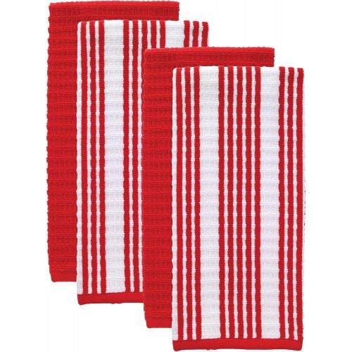  T-fal Textiles Solid & Stripes Waffle Terry Kitchen Towel Set, 100% Cotton, Highly Absorbent, Anti-Microbial, Oversized Kitchen Towels, Two Solid and Two Striped, 16 x 28, Red