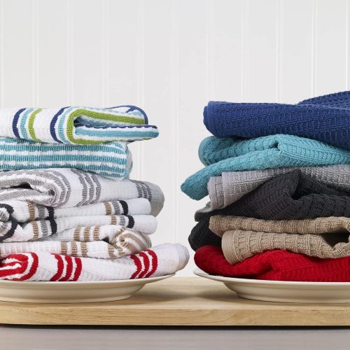  T-fal Textiles Solid & Stripes Waffle Terry Kitchen Towel Set, 100% Cotton, Highly Absorbent, Anti-Microbial, Oversized Kitchen Towels, Two Solid and Two Striped, 16 x 28, Red