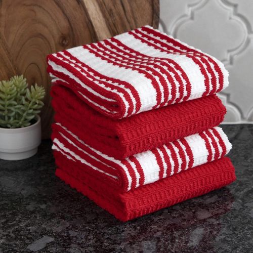  T-fal Textiles Solid & Stripes Waffle Terry Kitchen Towel Set, 100% Cotton, Highly Absorbent, Anti-Microbial, Oversized Kitchen Towels, Two Solid and Two Striped, 16 x 28, Red