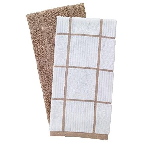  T-Fal Textiles 60959 2-Pack Solid & Check Parquet Design 100-Percent Cotton Kitchen Dish Towel, Sand, Solid/Check-2 Pack, 2 Count