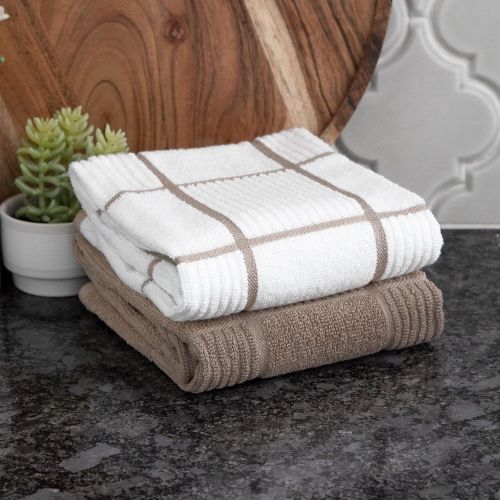  T-Fal Textiles 60959 2-Pack Solid & Check Parquet Design 100-Percent Cotton Kitchen Dish Towel, Sand, Solid/Check-2 Pack, 2 Count