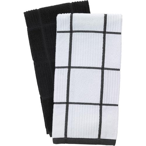  T-Fal Textiles 60953 2-Pack Solid & Check Parquet Design 100-Percent Cotton Kitchen Dish Towel, Charcoal, Solid/Check-2 Pack, 2 Count