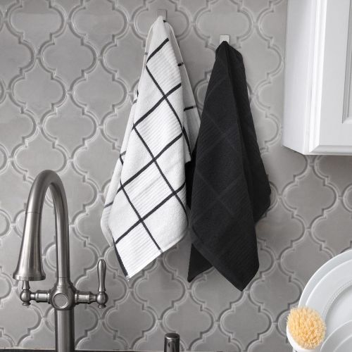  T-Fal Textiles 60953 2-Pack Solid & Check Parquet Design 100-Percent Cotton Kitchen Dish Towel, Charcoal, Solid/Check-2 Pack, 2 Count