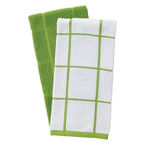 T-Fal Textiles 60937 2-Pack Solid & Check Parquet Design 100-Percent Cotton Kitchen Dish Towel, Green, Solid/Check-2 Pack, 2 Count