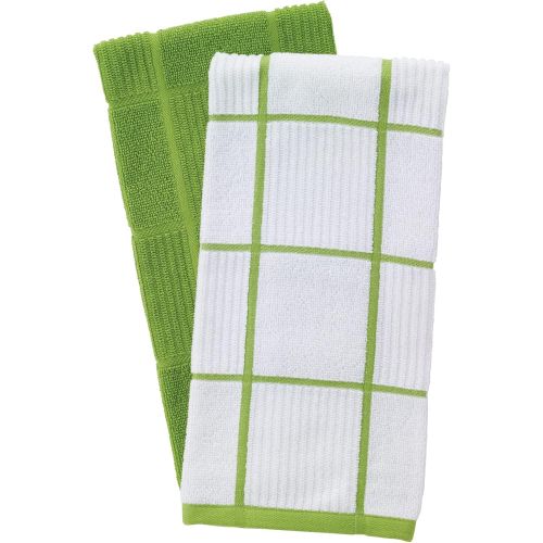  T-Fal Textiles 60937 2-Pack Solid & Check Parquet Design 100-Percent Cotton Kitchen Dish Towel, Green, Solid/Check-2 Pack, 2 Count