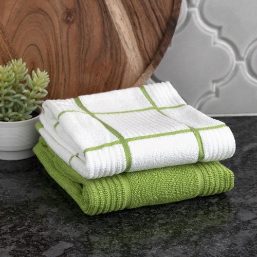  T-Fal Textiles 60937 2-Pack Solid & Check Parquet Design 100-Percent Cotton Kitchen Dish Towel, Green, Solid/Check-2 Pack, 2 Count