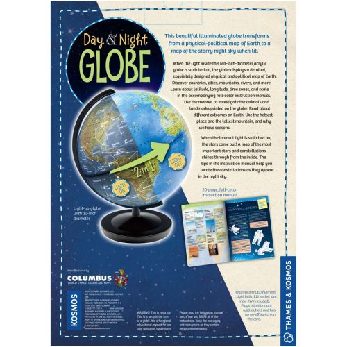  Thames & Kosmos Day & Night Globe - Handcrafted, Acrylic - Made in Germany by Columbus Globes - 10 inch, Illuminated LED Light-up with Night Sky Constellation Map