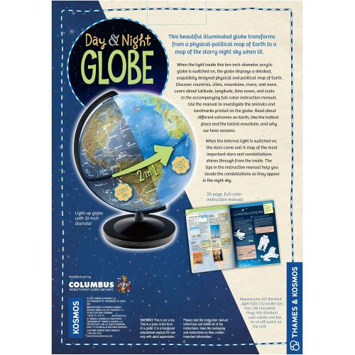  Thames & Kosmos Day & Night Globe - Handcrafted, Acrylic - Made in Germany by Columbus Globes - 10 inch, Illuminated LED Light-up with Night Sky Constellation Map