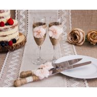 /ThatLittleOldShop Engraved Rustic Wedding Cake Server Set and Wedding Champagne Toasting Flutes, Engraved Wedding Knife Twine Glasses, Rustic Cake Serving Set