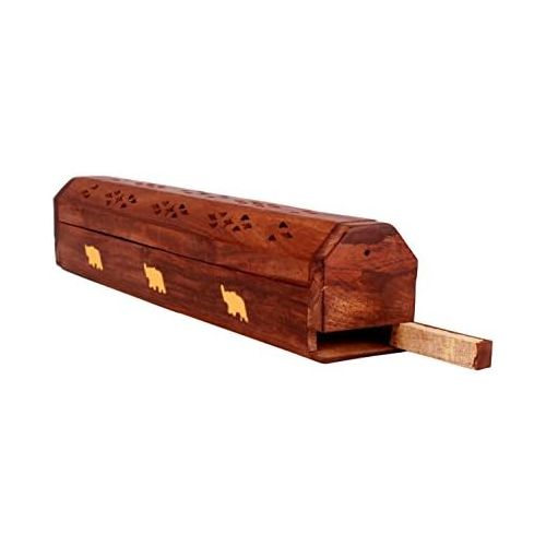  인센스스틱 The StoreKing Wooden Coffin Incense Stick Cone Burner Holder Stand with Storage Compartment Ash Catcher