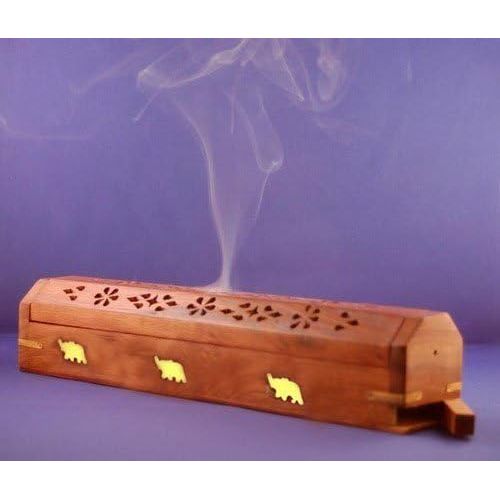  인센스스틱 The StoreKing Wooden Coffin Incense Stick Cone Burner Holder Stand with Storage Compartment Ash Catcher