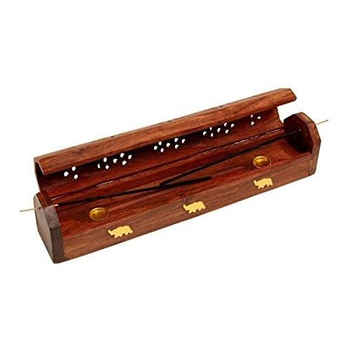  인센스스틱 The StoreKing Wooden Coffin Incense Stick Cone Burner Holder Stand with Storage Compartment Ash Catcher