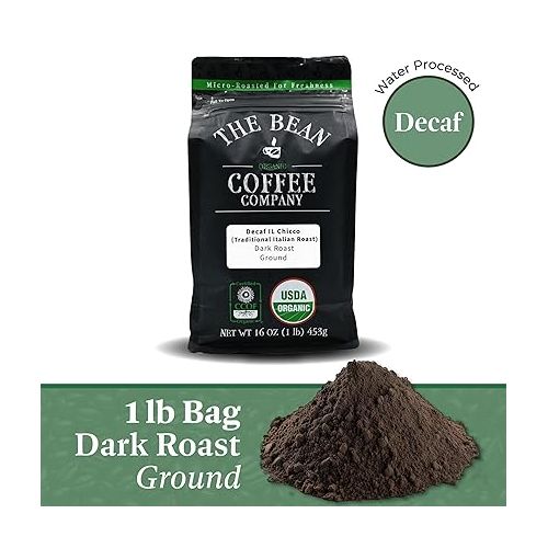  The Bean Organic Coffee Company Water Processed DECAF IL Chicco (Traditional Italian Roast), Dark Roast, Ground Coffee, 16-Ounce Bag, Cafe Molido Tostado Organico descafeinado