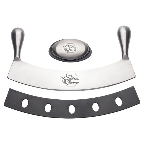  The Bold Bees 12 Stainless Steel Mezzaluna Knife with Cover & FREE Stainless Steel Soap Bar | Eco Friendly | Pizza Cutter | Fruit, Vegetable & Salad Chopper & Dicer | Herb Mincer |